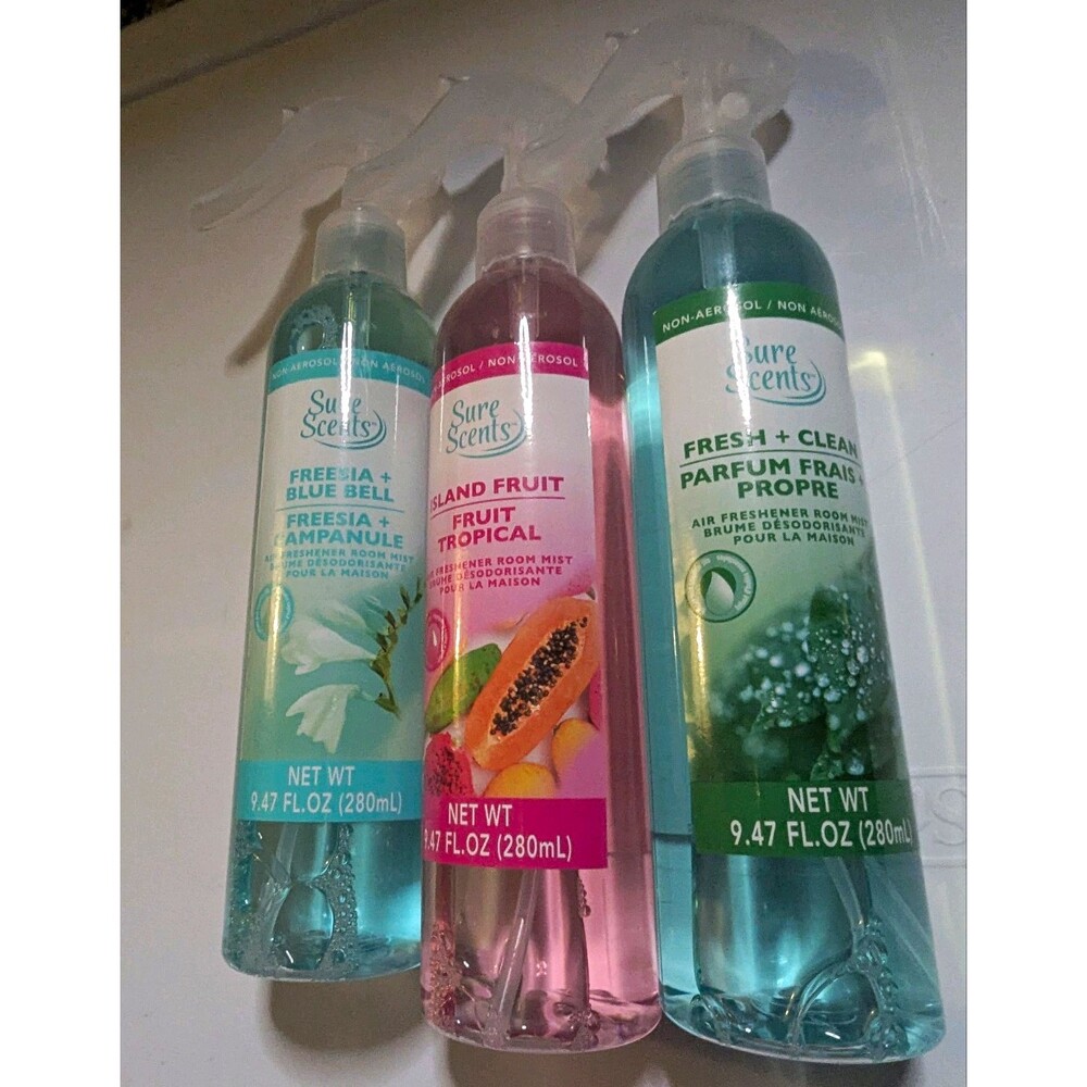 Sure Scents Room Mist Spray Lot 3 Air Freshener 9.4oz Tropical Freesia Clean